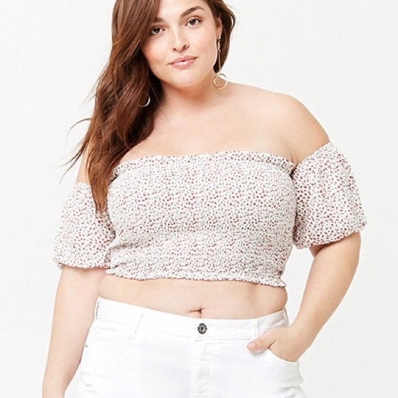 Tops - Smocked floral off the shoulder crop top blouse